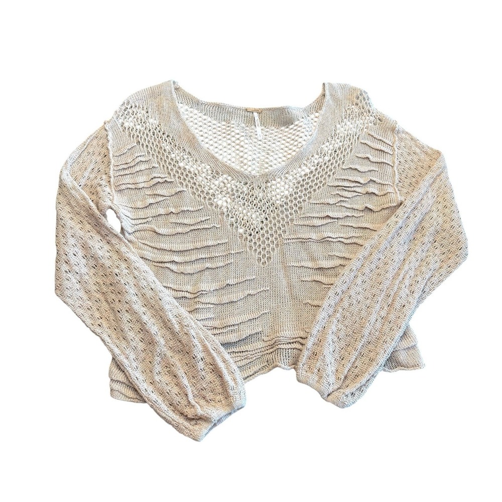 Free People Tan Open Knit Ruffle V-Neck‎ Linen Blend Crop Sweater Small - Picture 2 of 8